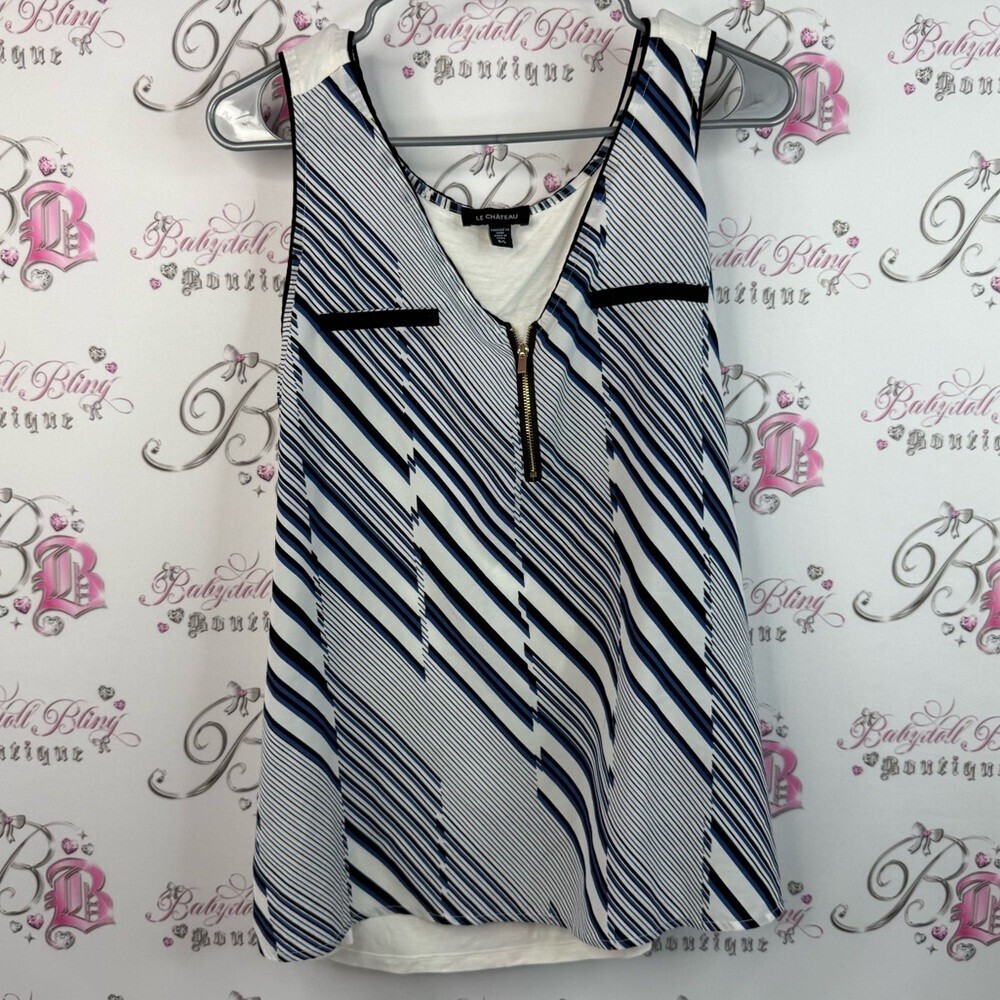 Le Chateau tank top gold zip up flowy shirt Navy White Striped Tank Top